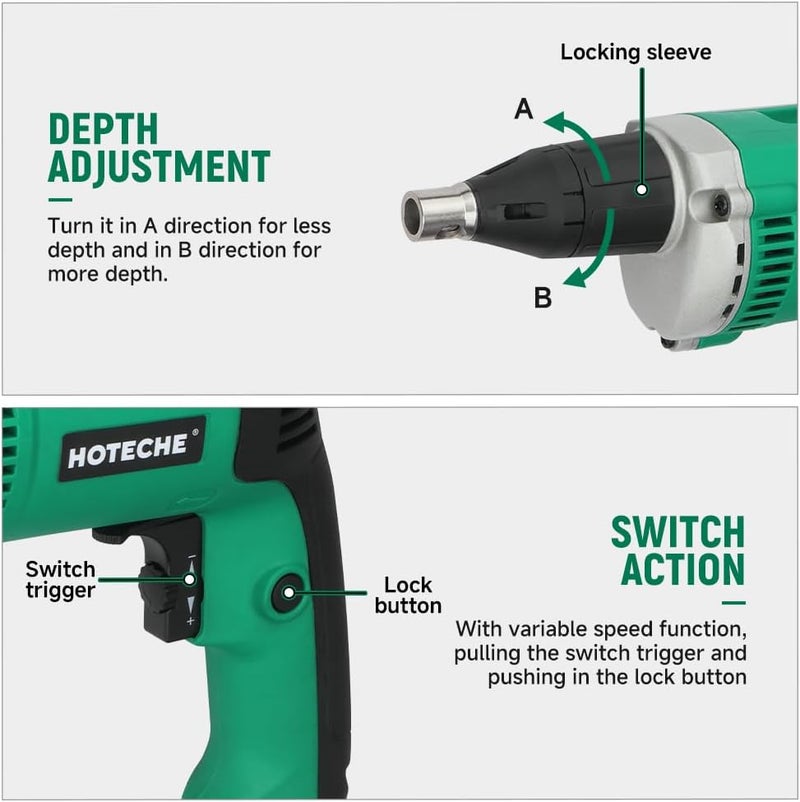 HOTECHE 5-Amp Dry Wall Screw Driver, Electric Screwdriver with Variable Speed 0-4500 RPM, 1/4" Chuck, Forward & Reverse Switch with 6pcs Cr-V Bits - Image 3